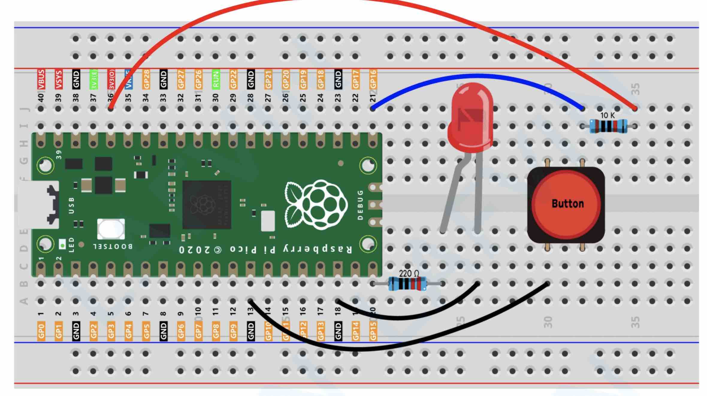 Raspberry Pi Pico dual loop circuit with button and LED